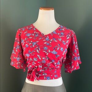 Japna Red Crop Blouse with Tie Front and Short Sleeves
